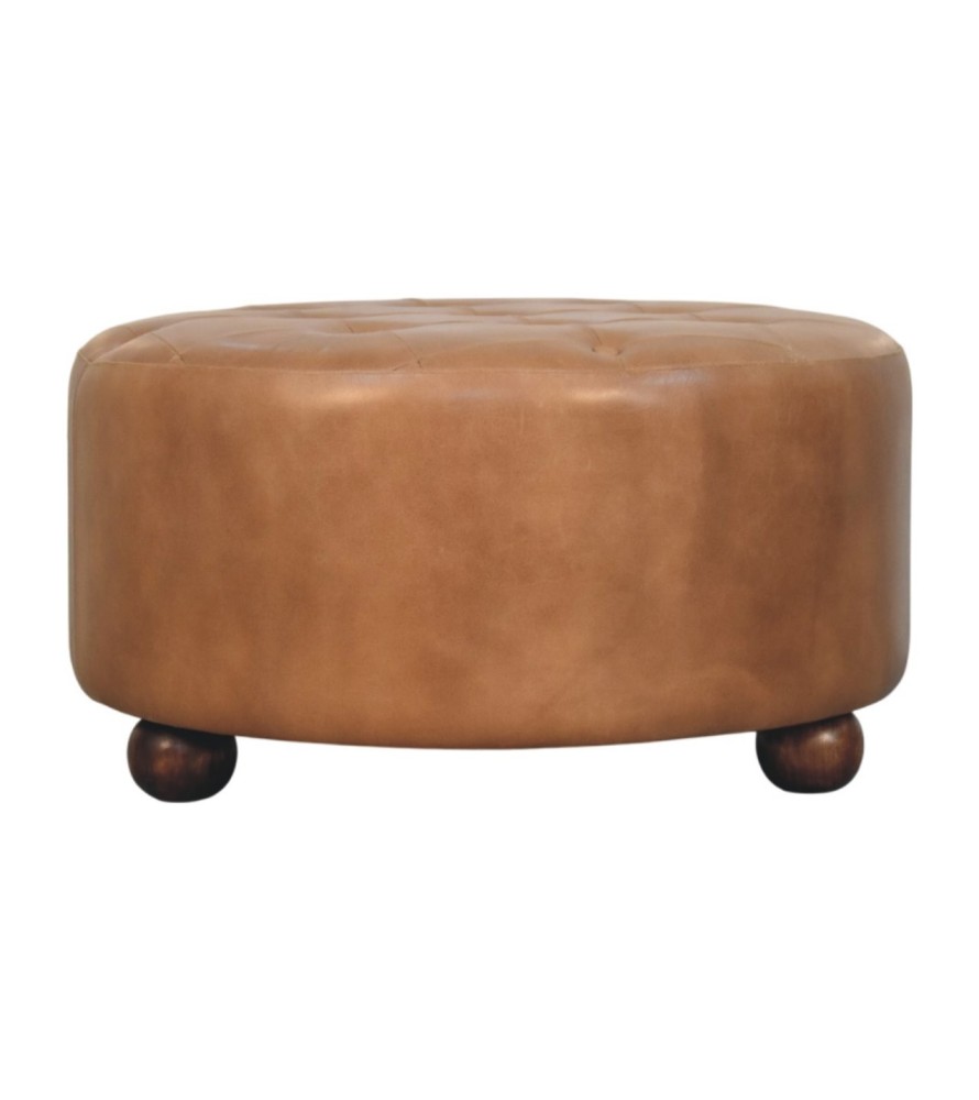 Pouf rond en cuir de buffle marron