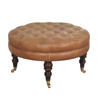 Pouf rond en cuir de buffle marron avec pieds à roulettes