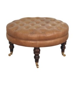 Brown Buffalo Leather Round Ottoman with Castor Legs