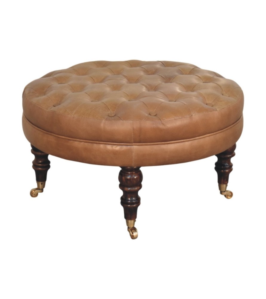 Pouf rond en cuir de buffle marron avec pieds à roulettes