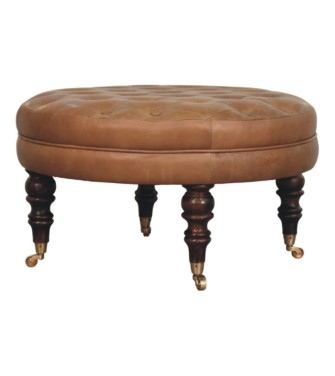 Pouf rond en cuir de buffle marron avec pieds à roulettes