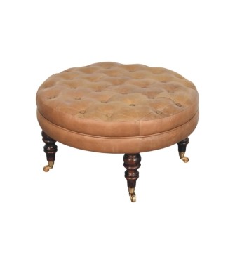 Pouf rond en cuir de buffle marron avec pieds à roulettes