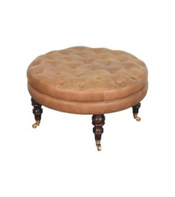 Pouf rond en cuir de buffle marron avec pieds à roulettes