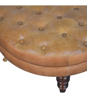Pouf rond en cuir de buffle marron avec pieds à roulettes